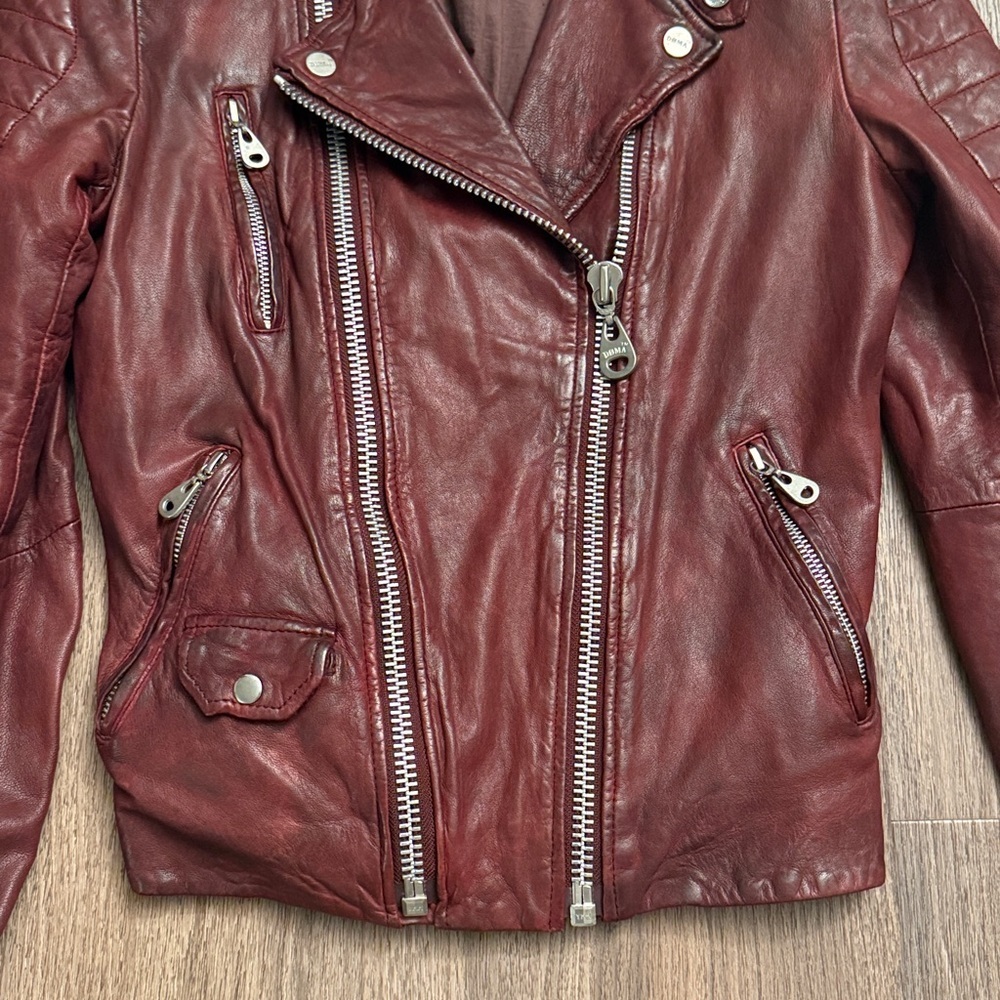 Doma Burgundy Leather motorcycle jacket, silver zippers - Picture 6 of 10